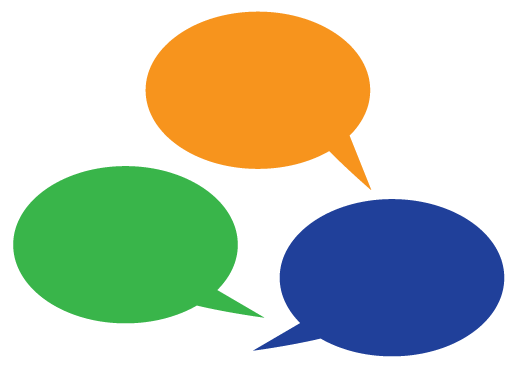 Three conversation bubbles in bright colors